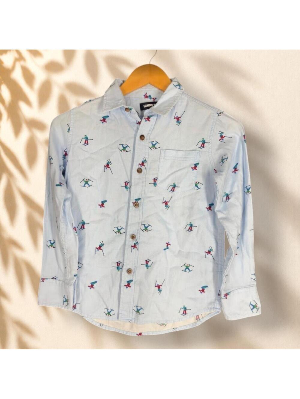 Lands' End Shirt Boys S Small Blue Graphic Print Button Up Collared Long Sleeve